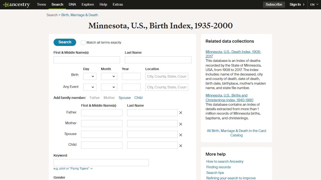 Minnesota, U.S., Birth Index, 1935-2000 - Search